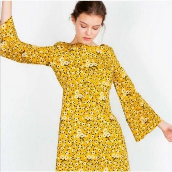 Zara Yellow Floral Bell Sleeve Mini Dress Small Mod Retro Colorful Summer - Picture 5 of 11